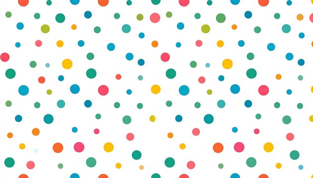 A vibrant, scattered pattern of colorful circles on a white background, creating a playful and dynamic visual effect