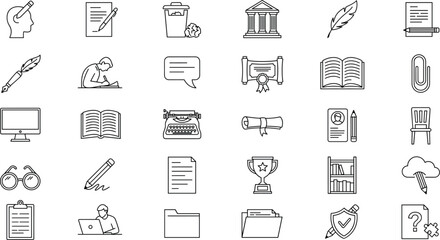 Fototapeta premium Literature education and copy writing outline icons set featuring typewriter certificate trophy books computer feather quill and library elements on white background.