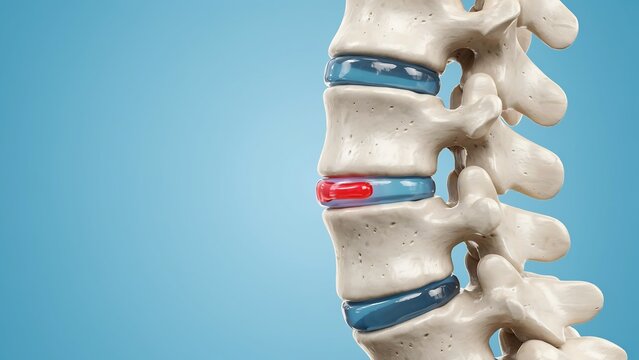 Medical illustration of human lumbar spine disc herniation with vertebrae