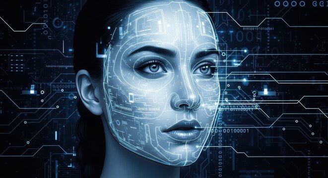 Futuristic woman with digital interface. Female tech expert engaging with virtual data streams.