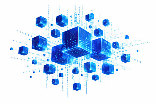 Abstract blue digital cubes floating with glowing particle light effect