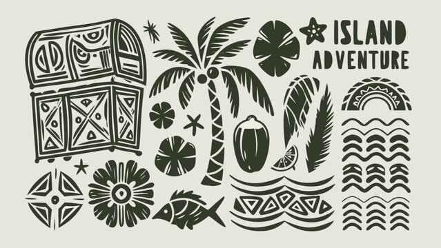 Flat vector illustration of a tropical island adventure with palm tree treasure chest and floral elements on a beige background