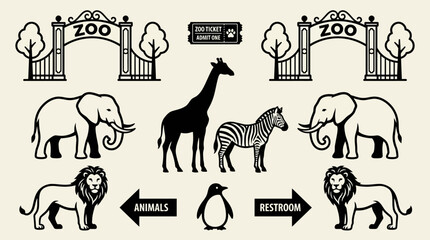 Obraz premium Zoo entrance with animals including elephants, lions, giraffe, zebra, penguin, and directional signs, symbolizing fun wildlife exploration day.