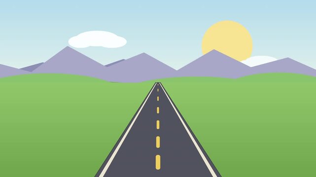 Cartoon empty road landscape animation with mountain view, sun, clouds, travel adventure