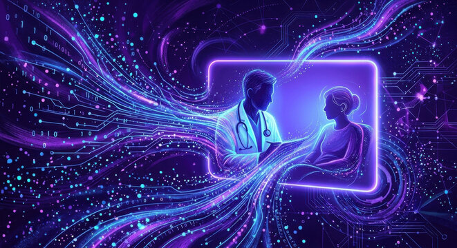 Neural network glow; AI triage, NLP scribe; decision support; differential diagnosis suggestions.