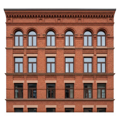 Fototapeta premium Front view of an old red brick building facade with many windows in a city street isolated on transparent background
