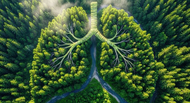 Aerial view of lush green forest with winding river. Nature landscape showcasing vibrant foliage and serene waterway.