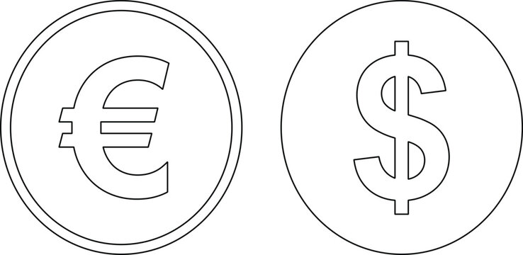 Outline vector icons of euro and dollar currency coins with currency investment business isolated financial monetary exchange commercial template
