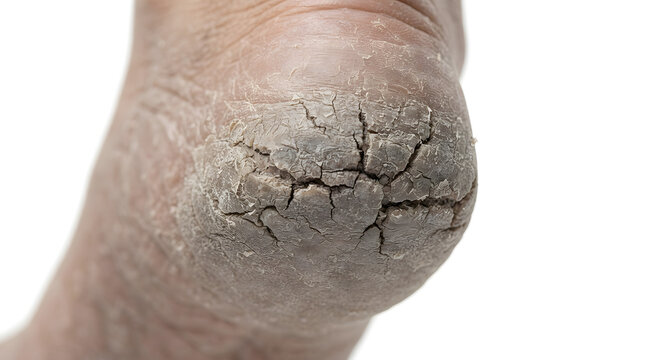 Close up of a severely cracked and dry heel on a foot.