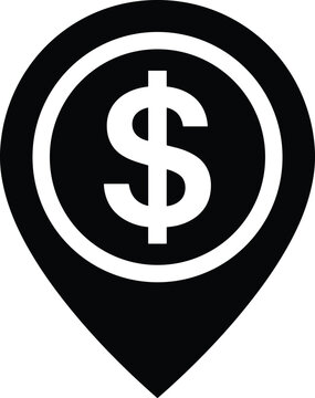 Black and white map pointer icon with dollar sign symbol for financial location business currency navigation investment isolated illustration