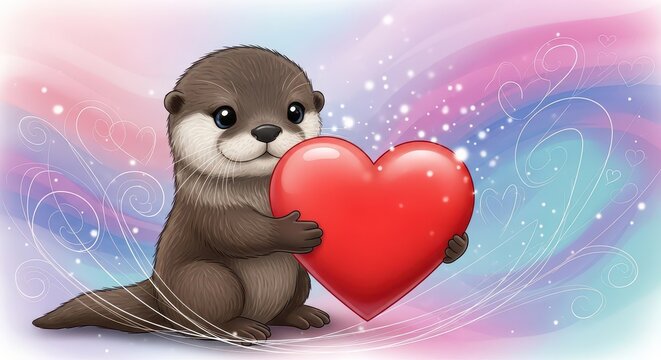 Cute otter holding a red heart. Adorable marine mammal expressing love and affection.