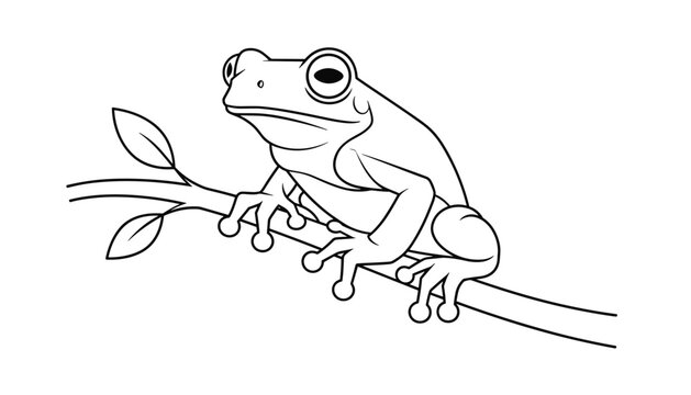 Simple black and white line art vector illustration of a tree frog sitting peacefully on a leaf branch over white.