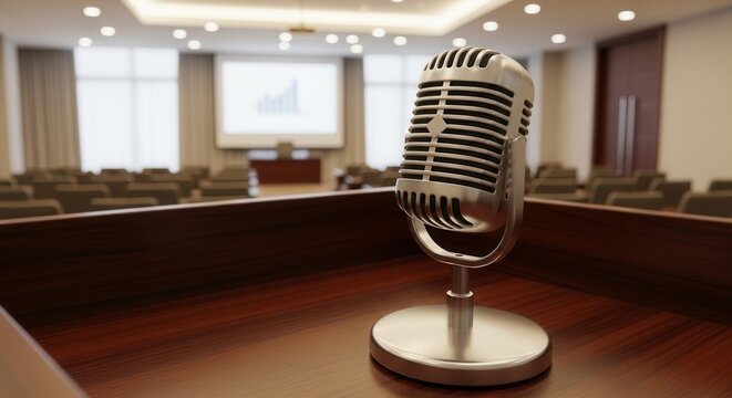 Vintage microphone on a wooden table in a conference room with projector screen.