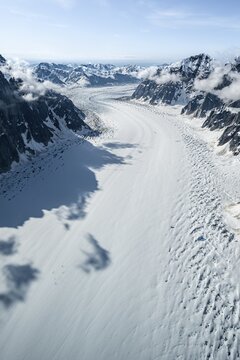 Ruth Glacier, epic mountains with large valley glacier, aerial view, Alaska Range, Denali National Park, Alaska, USA