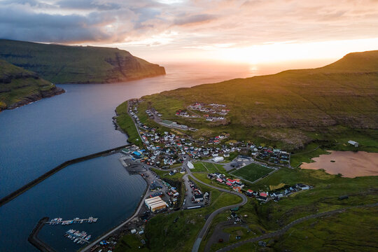 Aerial View of Eidi At Sunset, Faroe Islands