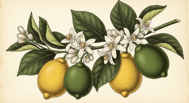Fresh lemons and lime on branch with white blossoms. Bright citrus fruits for healthy lifestyle and cooking.