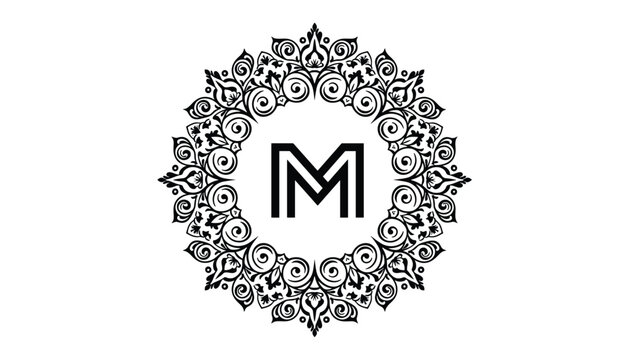 Ornate circular black mandala frame featuring a modern double line letter M monogram on a white background.
