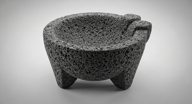 A gray stone molcajete with a textured surface and three legs on a gradient background