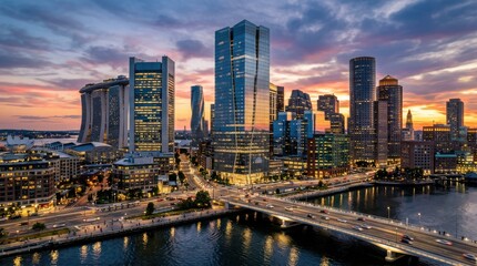 Fototapeta premium Boston city skyline at sunset with illuminated skyscrapers and waterfront bridge, urban landscape view of Massachusetts capital, twilight atmosphere, traffic lights reflection o...
