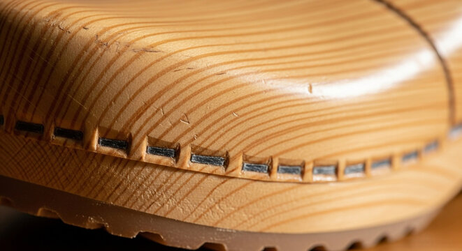 Closeup of a wooden shoe with metal stitching and a brown sole on a dark background