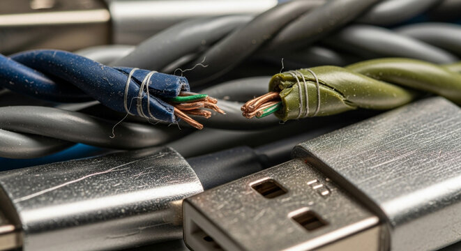 Closeup of damaged electrical wires and usb connectors, showing exposed copper wiring and insulation