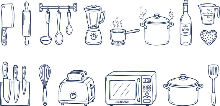 Hand drawn kitchen outline icons element collection featuring toaster microwave oven blender boiling pots knives and cooking tools vector