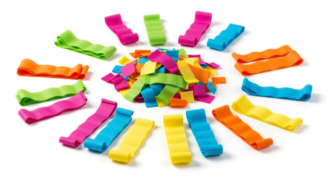 Colorful rubber bands in various shapes and sizes isolated on white background for organization and storage