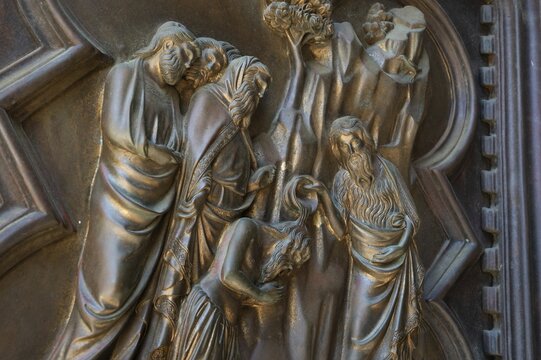 Baptism of Jesus Christ by John the Baptist, relief panel at the Baptistery of San Giovanni, baptismal church, UNESCO World Heritage Site, old town, Florence, Tuscany, Italy
