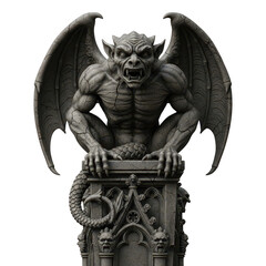 Obraz premium Old stone gargoyle statue with wings perched on a decorative gothic column pillar isolated on transparent background