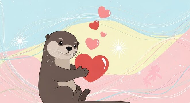 Cute otter holding a red heart, symbolizing love and affection. Adorable marine mammal expressing emotion.