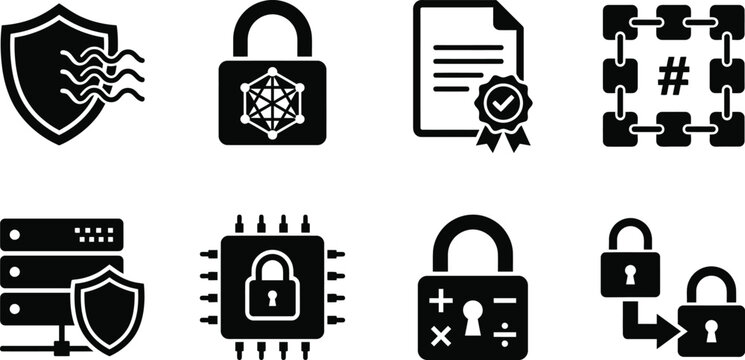 Quantum-Resistant Cryptography and Cyber Security Icons Set for Data Encryption, Blockchain Security, Microchip Protection, and Post-Quantum Security