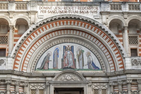 A neo-Byzantine style mosaic with biblical representations and Latin script, main entrance, Westminster Cathedral, Westminster, London, Great Britain, England, Great Britain