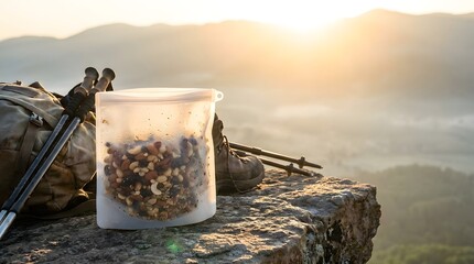 Fototapeta premium Outdoor Hiking Gear on Cliff Edge at Sunrise