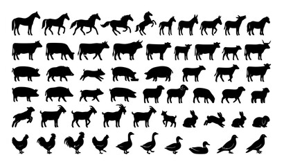 Fototapeta premium Black Farm Animal Silhouette Icon Collection with Poultry Livestock and Fish Vector Set