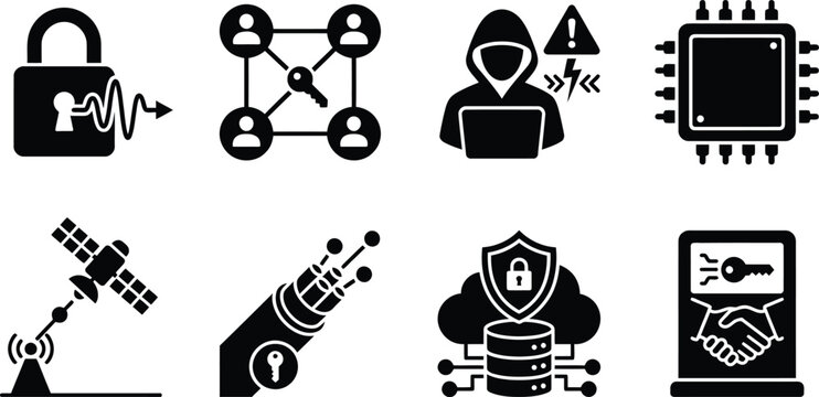 Quantum Key Distribution and Post-Quantum Cryptography Icons Set for Cyber Security, Quantum Network, Cloud Protection, and Data Encryption