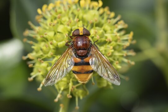 Hornet mimic fly (Volucella zonaria) adult insect on an Ivy flower, Suffolk, England, United Kingdom