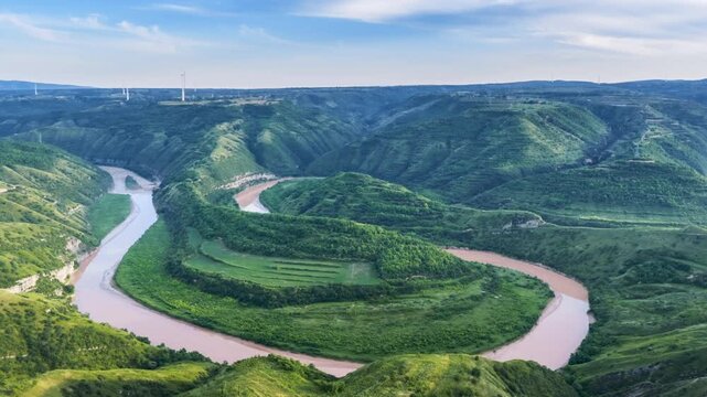 Aerial Orbit Time-lapse Of Jing River Horseshoe Meander In Green Loess Hills, Shaanxi, China.