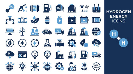Fototapeta premium Hydrogen energy icons set displays various symbols representing sustainable fuel sources, chemical formulas, industrial transport methods, power plant infrastructure, and environmental conservation.