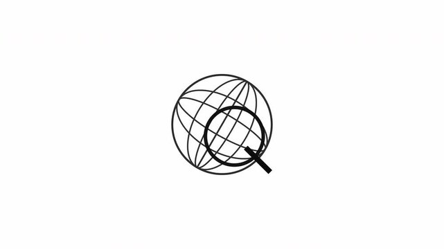Global web search icon animation, minimal black symbol with magnifying glass over globe