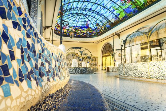 Doha, Qatar - 15th january, 2026: Stunning stained glass ceiling and mosaic tiled interiors of Chabrat Al Mina fish market at Old Doha Port, Qatar. A masterpiece of modern maritime architecture