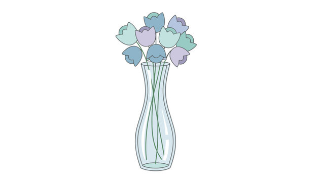 Elegant transparent glass vase holding a bouquet of delicate purple and blue tulips, isolated on white background.