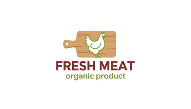 Organic product logo design for Fresh Meat, featuring a white chicken silhouette on a wooden cutting board background.