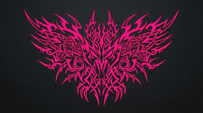Symmetrical pink tribal phoenix wing logo on dark background.
