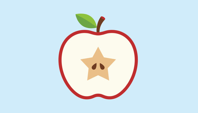 Apple slice cut in half vertically to reveal a unique star-shaped core with seeds inside, against a blue background.