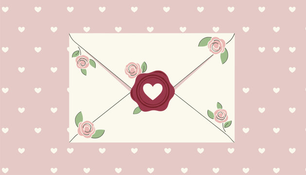 Vintage cream envelope decorated with beautiful pink roses and sealed with a maroon heart wax stamp on a pink background.