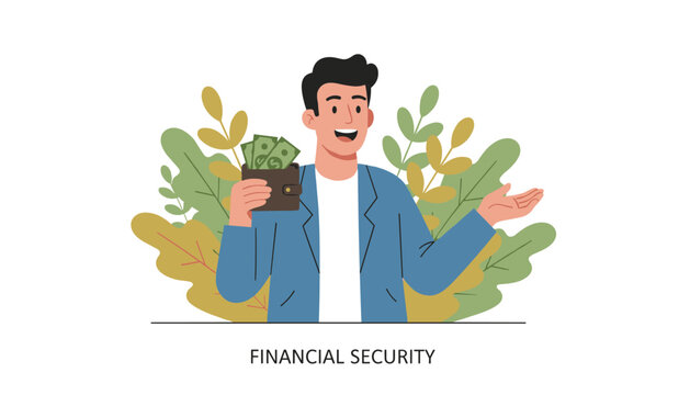 Happy man holding a leather wallet full of green cash bills, representing financial security and wealth management.