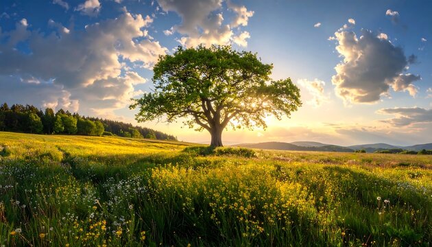 A vibrant, sunny landscape with a single, large tree in a field of wildflowers. Fluffy clouds dot a bright blue sky