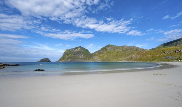 Haukland white sandy beach and green mountains, Vestv&aring;g&oslash;ya, Lofoten, Nordland, Norway