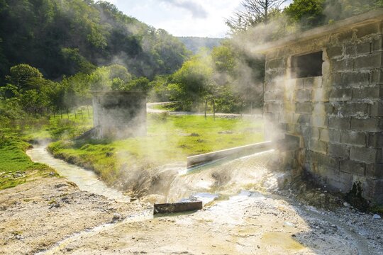 Close up of steaming hot springs in a sunny summer day. Georgia