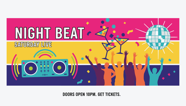 Colorful party banner featuring DJ music controller, disco ball, cocktails, and dancing crowd silhouettes for weekend event advertising.